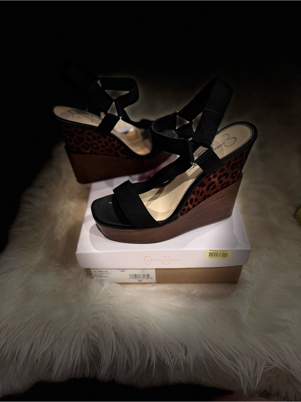 Jessica Simpson Black Strappy Wedge Sandals with Leopard-Print Sides